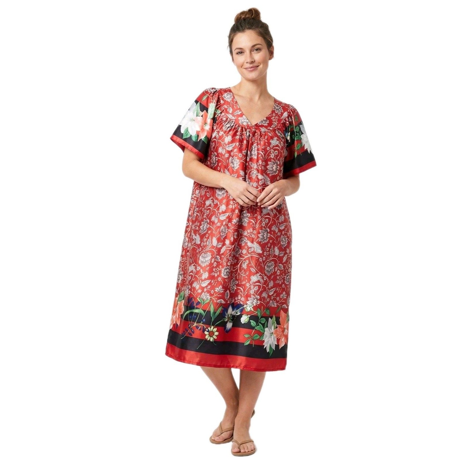 Anthony Richards Vtg Mumu Patio Dress Red Floral Midi Women's L Sweetheart Neck